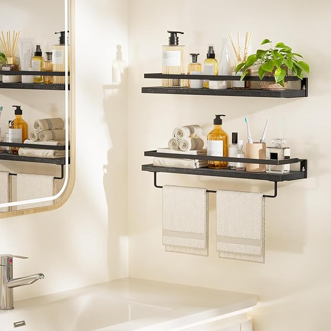 AMADA HOMEFURNISHING Floating Shelves, Wall Shelves for Bathroom, Kitchen, Bedroom, Bathroom Shelf with Towel Bar, Decor Shelves Set of 2, Black - AMFS01B