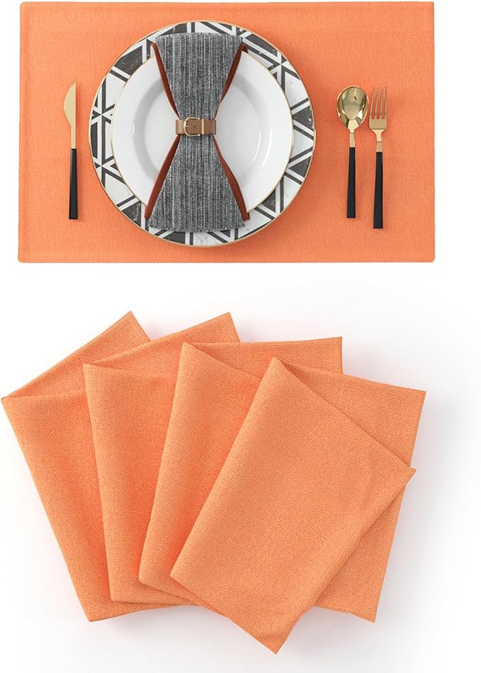 4 Piece 12 x 18 inch Soft Faux Linen Place Mats Heat Resistant Dining Table Place Mats Cloth Kitchen Table Mats 12x18 Orange