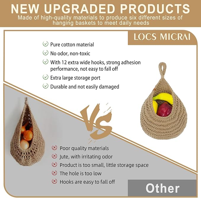 Hanging Fruit Baskets for Kitchen - 6 Pack Boho Wall Hanging Basket,Handwoven Wall Fruits Basket,for Garlic Potato Vegetable Onion Teardrop Home Hanging Storage Baskets(Brown Classic)