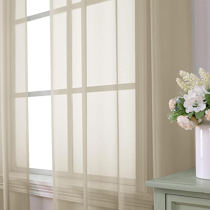 Aiyufeng Taupe Sheer Curtains 45 Inches Long 2 Panels Set, Semi Transparent Voile Rod Pocket Sheer Window Drapes for Bedroom Bed Canopy Living Room Dining Wedding Party Backdrop, 42W x 45L inch