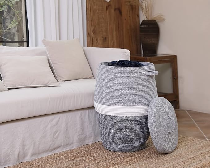 26" x 20" Tall Extra Large Storage Basket with Lid, Cotton Rope Storage Baskets, Woven Laundry Hamper with Cover, Cloth Storage Bin, for Clothes Towels in Living Room, Dual Grey