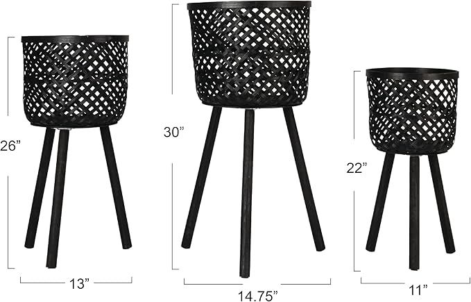 Creative Co-Op Woven Bamboo Baskets with Wooden Legs, Black, Set of 3