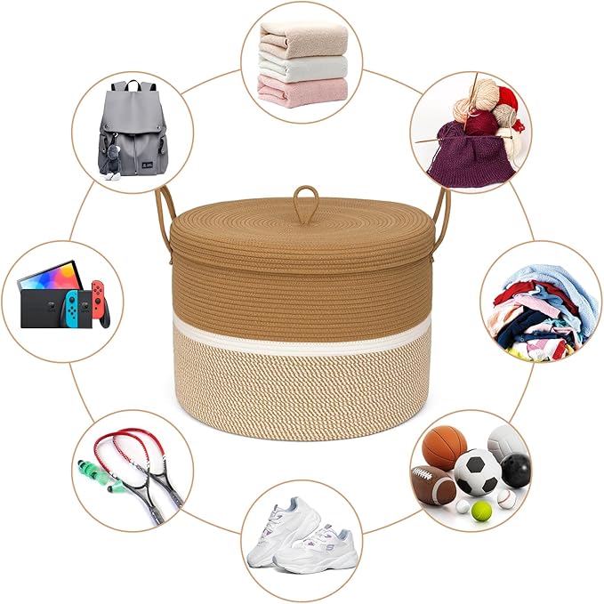 Laundry Basket with Lid, Woven Cotton Rope Laundry Hamper Foldable Storage Organizer Bin Blanket Basket for Comforter, Cushions, Clothes, Pillows, 20.5x20.5x15 Inch, Camel/White