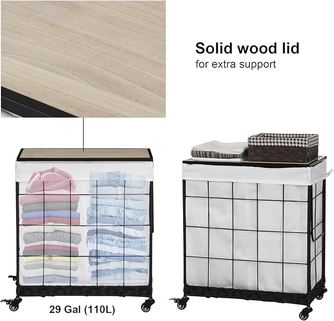 Durable Laundry Hamper with Removable Liner Bag, Heavy Duty Wheels, Wood Lid and Metal Handle - Clothes Sorter and Laundry Basket in White