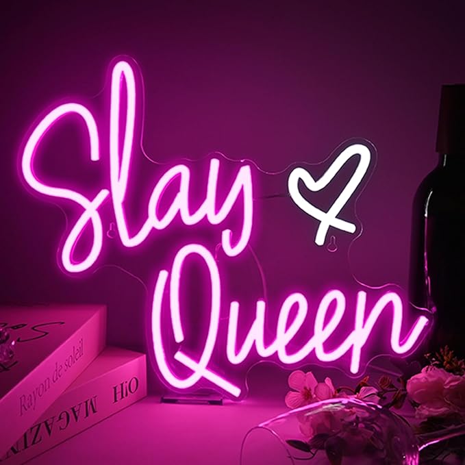 Slay Queen Neon Sign Pink Led Neon Signs Girls Bedroom Neon Lights For Wall Decor Dimmable Light Up Sign For Bar Party Preppy Room Y2k Club Decoration Teen Gifts (15.7 * 12.6in)