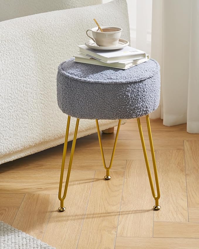 IBUYKE Teddy Velvet Round Footrest Stool Ottoman, Makeup Vanity Stool Side Table, Velvet Dressing Table Seat, Pouf Couch Stool, for Living Room Bedroom, Gray WBD009G