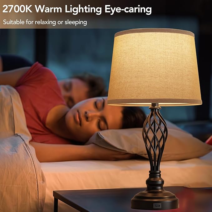 PARTPHONER Set of 2 Table Lamps with USB Port, Farmhouse Bedside Lamps with 3-Color Temperature, Nightstand Lamp Large Cream Drum Shade Spiral Cage Base Desk Lamps for Living Room, Home Bedroom