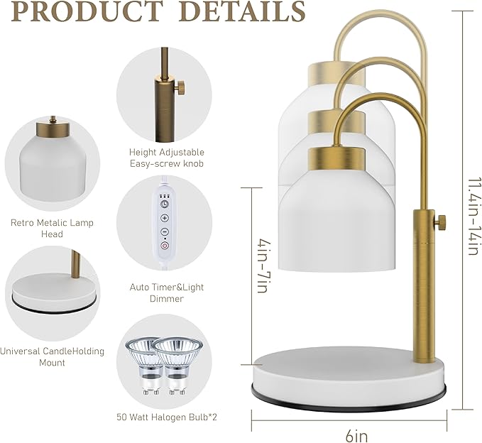 Candle Warmer Lamp, with 2 Bulbs,Timer & Dimmer,Compatible with Large Yankee Candle Jars,3 Wick Candles,Height Adjustable Electric Top Candle Melter,White,110-120v