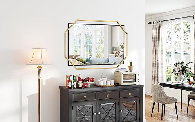 Large Living Room Wall Mirror with Decorative Metal Frame, Black and Gold Bathroom Mirror, Dining Room, Entryway (48.5"x32.5")