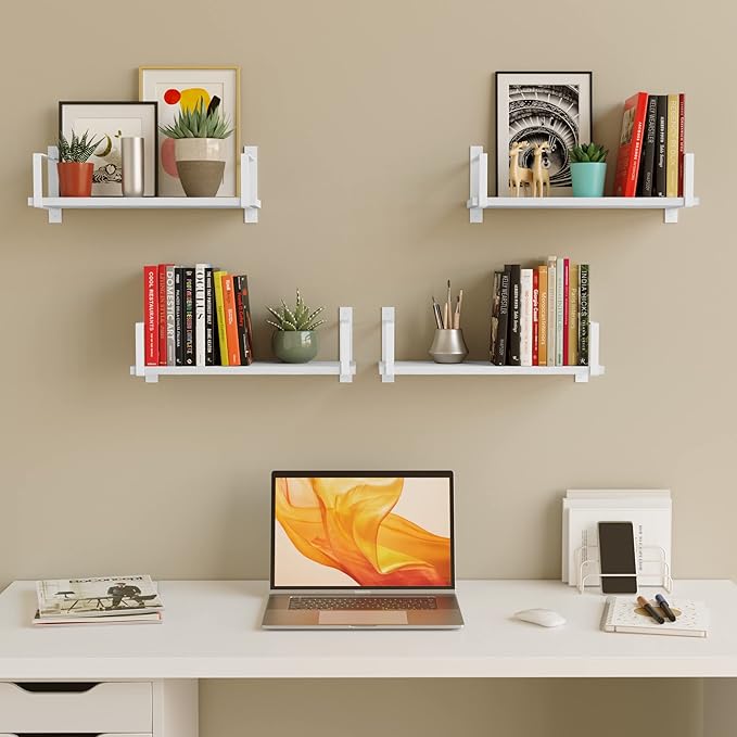 Wallniture Toledo 17" Floating Shelves for Wall, Bookshelf Living Room Decor, Kitchen Organization, Bathroom Shelves, 17" Office Wall Shelf Set of 4 White