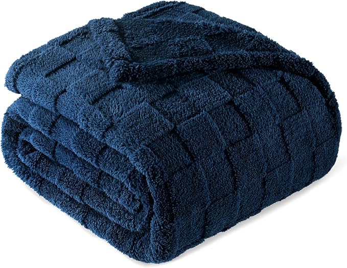 Exclusivo Mezcla Queen Size Flannel Fleece Blanket, Super Soft and Warm Lightweight Checkered Pattern Blankets for All Seasons, 90x90 Inches, Navy Blue