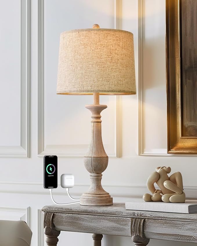 PoKat 27.25'' Table Lamp for Living Room with 2 USB Ports - Bedside Lamps for Night Stands, Farmhosue Nightstand Light Lamp, Mid Century Tall Lamp for Bedroom, Living Room, End Table, Distressed White
