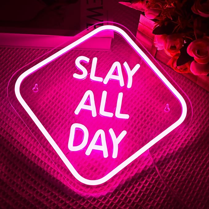Slay All Day Neon Sign Pink Led Neon Light For Wall Decor Slay Queen LED Neon Light Aesthetic Preppy Girl Dimmable Light Up Sign For Bedroom Room Dorm Y2k Party Teen Girls Gifts