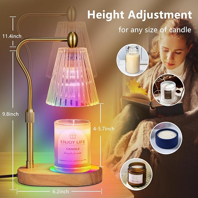 Candle Warmer Lamp with 8 Colors LED Changing,with Timer Dimmer Adjustable Height,Mothers Day Gifts,Vintage Home Decor