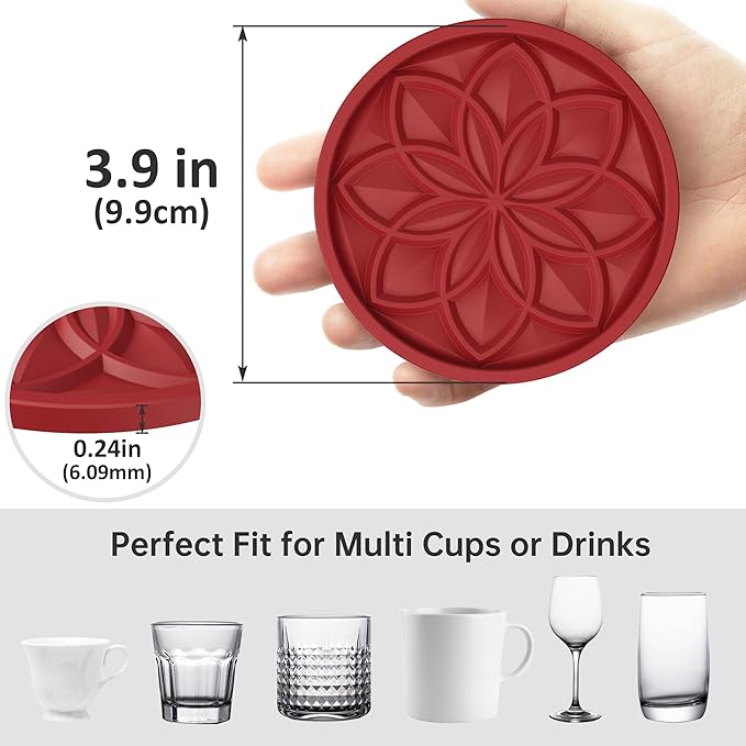 HFHOME Silicone Coasters Set with Holder - 6 Pack Drink Coasters for Coffee Table, Bar, Desk - Tabletop Protection Gift - Red