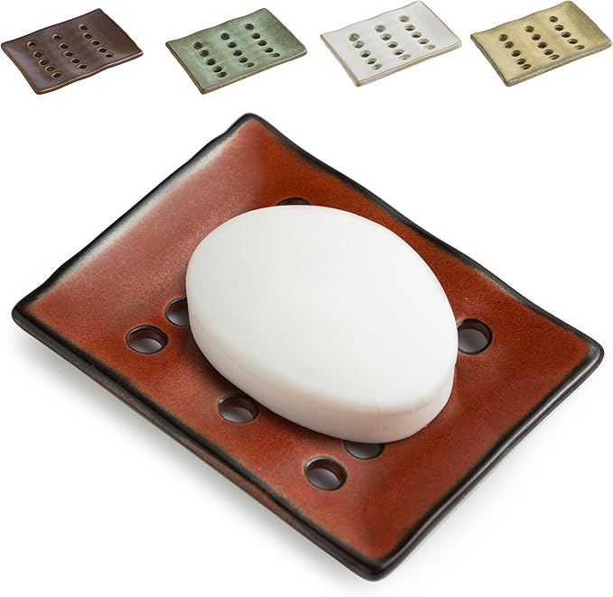 Soap Holder with Self Drain, Ceramic Soap Dishes for Bar, Shower, Japanese Soap Tray for Kitchen and Bathroom, Keep Sink Dry and Tidy, Red