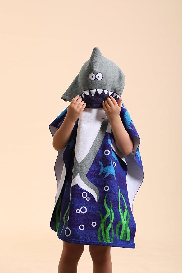 Shark Hooded Towels for Kids, Kids Beach Towels for Boys/Girls, Swimming Towels/Towel Robes/Wearable Towels/Pool Towels for Kids 2-10, Poncho Beach Towels for Kids, Hooded Beach Towels for Toddler