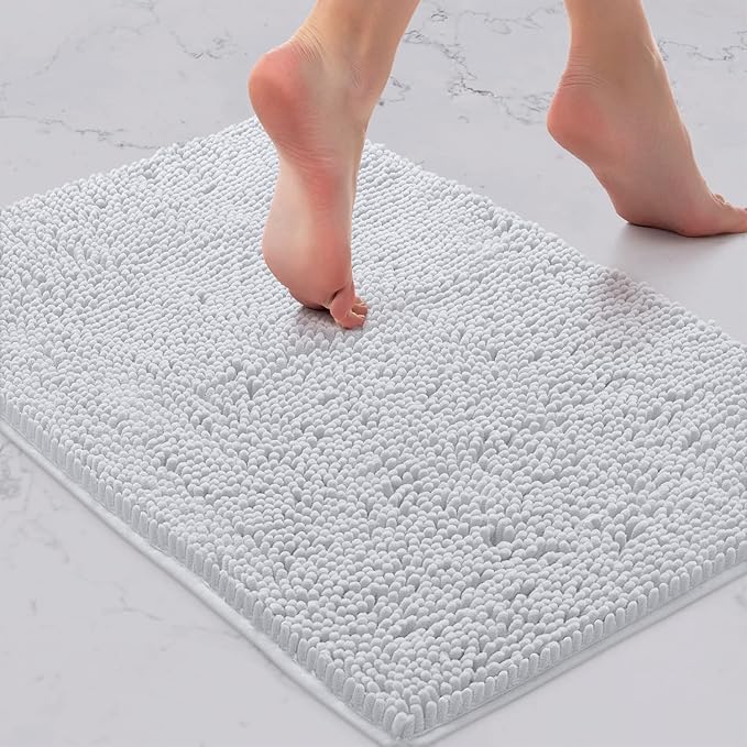 LuxUrux 2 Piece Bathroom Rug Set - Premium Plush Bath Mat Shower Rugs, 1" Chenille Microfiber, Non-Slip & Absorbent, Soft & Cozy, Durable Stylish (20x30 & 16x24 inches, White)