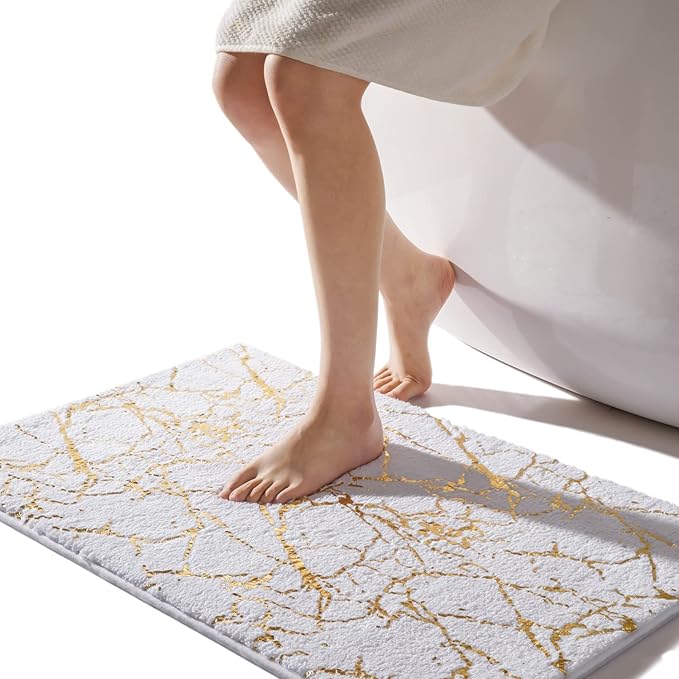 QJHOMO Marble Bathroom Rug White and Gold Decor Bathroom Rugs Non Slip Bath Mat Super Absorbent Microfiber Plush Bathmat Machine Washable Floor Carpet for Tub, Shower, Bedroom (20x32 inch)