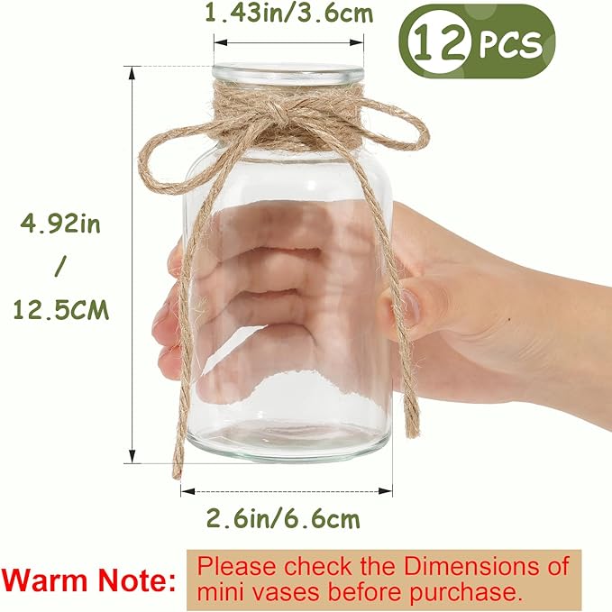 Glass Flower Vases for Centerpieces, 12Pcs Vintage Small Clear Bud Vase for Flowers Mini Crystal Decorative Bottle with Hemp Rope Bows for Housewarming Wedding Birthday Tabletop Decoration