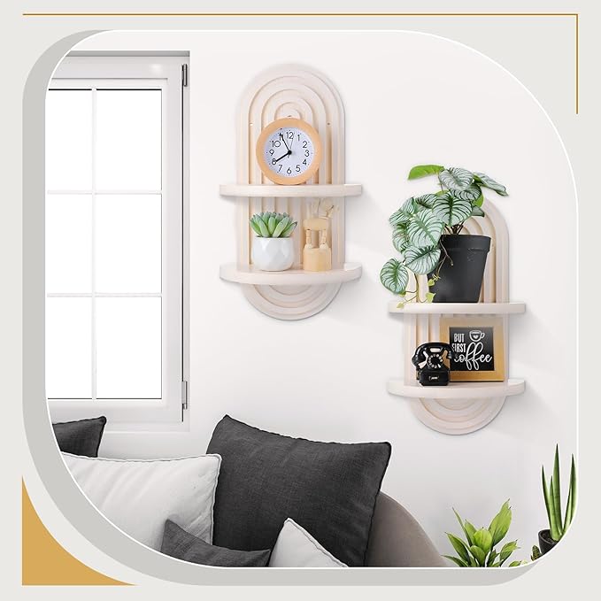 Wenqik 2 Pcs Boho Wall Shelf Rainbow Arch Wooden Floating Shelf Mid Century Bohemian Hanging Holder Double Vintage Wall Mount Altar Decor for Nursery Bedroom 15.75 x 6.69 Inches(White)