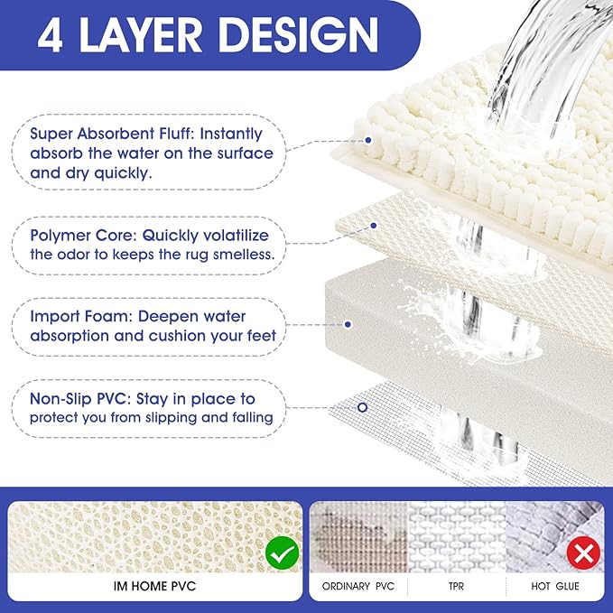 ACCUMTEK Striped Ice Cream Bathroom Rug Set 3 Pieces Ultra Soft, Non Slip Chenille Toilet Mat, Absorbent Plush Shaggy Bath Mats for Bathroom, Bedroom, Kitchen