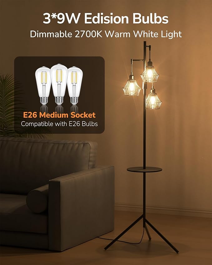 ULG 3-Light Floor Lamp with Shelves 69-Inch Vintage Standing Lamp with 3 Caged Edison Bulbs 2700K Warm White Smooth Dimming Modern LED Floor Light for Living Room, Home Office, Bedroom, Matte Black