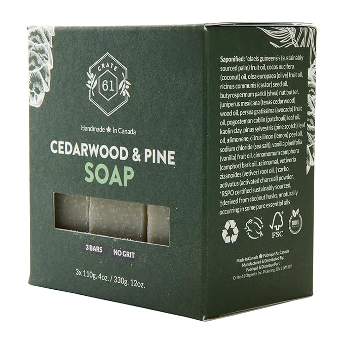 Handmade in Canada, Plant Based Cold Process Natural Bar Soap For Face And Body, With Premium Essential Oils, For Men And Women 3 Pack (Cedarwood Pine)
