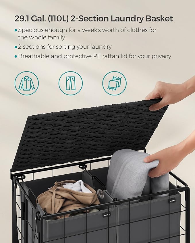 SONGMICS Laundry Hamper, 110L Laundry Basket with Lid, Clothes Hamper with Wheels, Collapsible Removable Liner Bag, Iron-Made Laundry Sorter, Ink Black and Slate Gray ULCB211B11