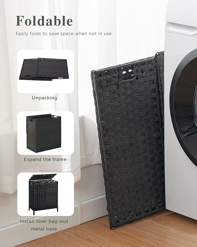 Laundry Hamper with Lid, 112 L Handwoven Rattan Wicker Laundry Basket, 2 Removable Liner Bags Metal Heightened Feet, 6 Mesh Bags, 2 Section Large Clothes Hamper for Bathroom Bedroom, Black