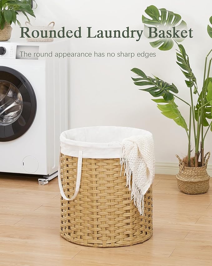 Laundry Hamper Round 26.5 Gal (100L) Handwoven Rattan Laundry Basket, Large Wicker Laundry Hamper with Removable Laundry Bag Handles 2 Mesh Bags for Bathroom Living Room Natural