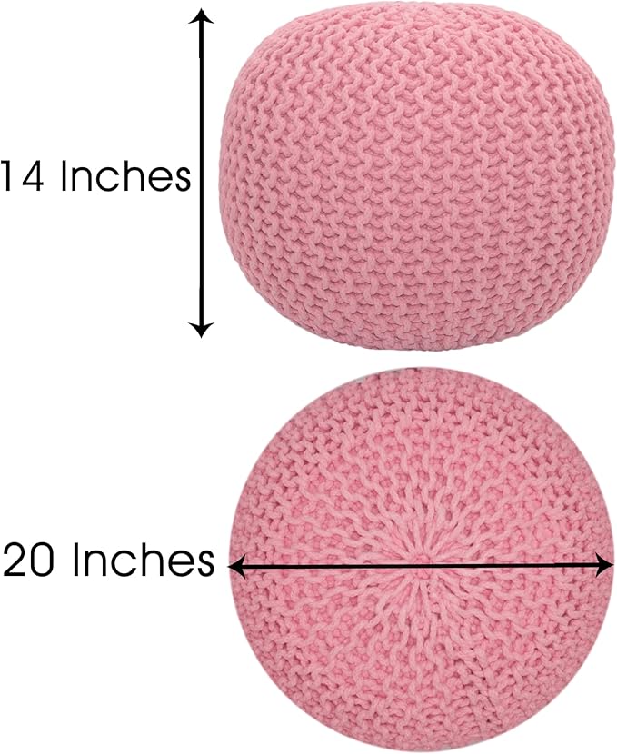 COTTON CRAFT Round Pouf - Hand Knitted Cotton Braid Cord Cable Dori Ottoman - Foot Stool - Floor Pouf Footrest Accent Seat Furniture Bean Bag - Living Room Kids Room Nursery Dorm Décor - 20x14 - Pink