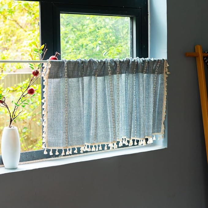 Sutuo Home Blue Boho Curtain 52W x 36L inch White Striped Light Filtering Short Valance Tier, 1 Panel Embroidery Bohemian Farmhouse Country Kitchen Window Treatment Decor for Small Closet