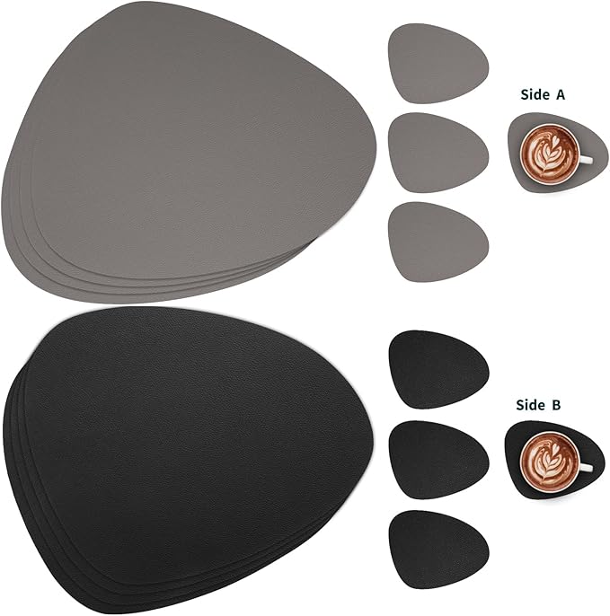 Myir JUN Placemats, Dual-Sided Placemats Waterproof Faux Leather Placemats Set of 6 Place Mats and Coasters Non-Slip Washable Table Mats for Dining Table (Gray Black, Set of 6)
