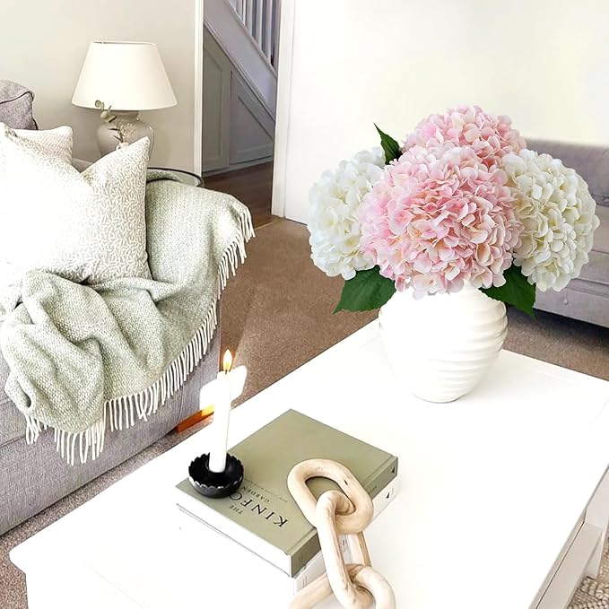 Silk Flowers Hydrangea Artificial Flowers, 4Pcs 22Inch Large Lifelike Faux Flowers, Full Fake Artificial Hydrangeas with Stems for Bouquet Table Centerpieces Home Decoration (White/Pink)