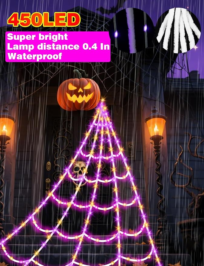 Spider Webs Halloween Decorations Lights - 450 LEDs Outdoor Halloween String Lights with 60" Light Up Spider,8 Modes Remote Control 16.4Ft Spiderweb,Waterproof (New Orange-Purple Grid Luminous Net)