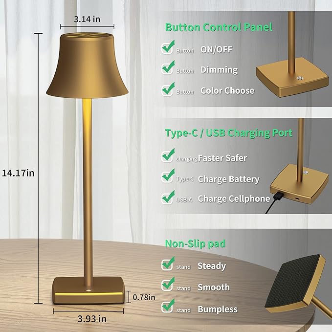 SAKRINGT 2 Pack LED Cordless Table Lamps Rechargeable,5000mAh Battery Operated Table Light,3 Color Stepless Dimming,Portable Small Desk Lamp in Aluminum for Party Patio Restaurant Indoor/Outdoor