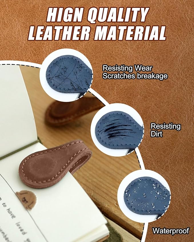 2Pcs Magnetic Leather Bookmarks for Women & Men - Vintage Faux Double-Sided Book Mark Clips, Reader Accessories for Books/Notebooks, Book Lover Gift Set (Blue + Brown)