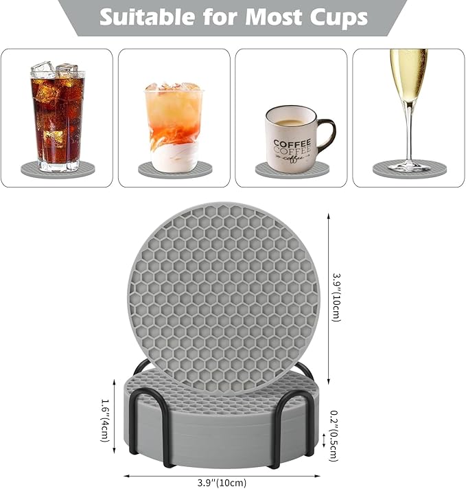 Coasters Set of 6,Coasters for Drinks,Coffee Table Decor Coaster with Holder,Suitable for Kinds Cup,Anti-SLI,Heat-Resisting,Silicone Cup Coaster and Living Room Decor(6 Pcs, Gray)