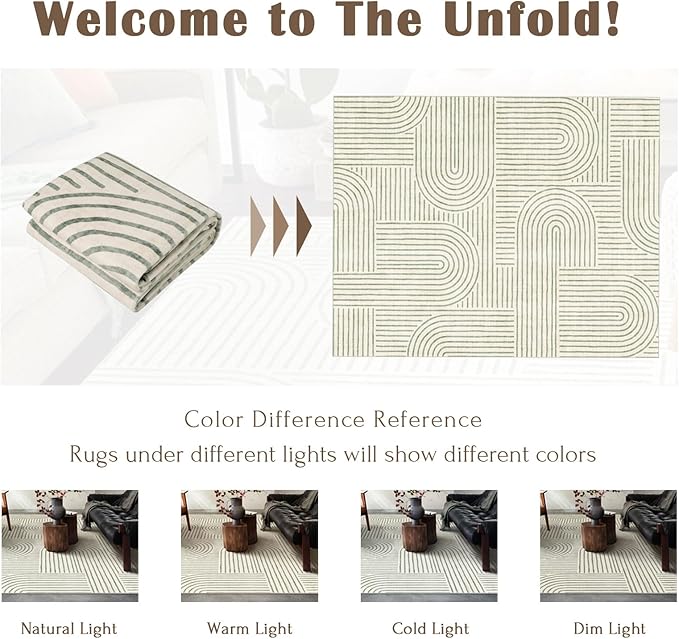 Washable Area Rug 8x10 - Large Sage Green Boho Rugs for Living Room Soft Abstract Bedroom Rug Ultra-Thin Modern Rainbow Carpet Stain Resistant Rug for Dining Room Nursery Room Home Decor