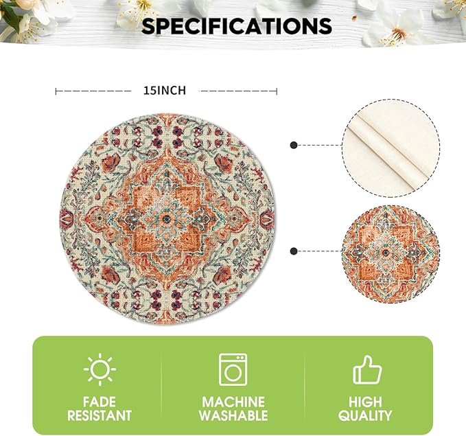 Artoid Mode Boho Round Placemats Set of 4,14 Inch Seasonal Daily Orange Teal Flowers Bohemia Table Mats for Party Kitchen Dining Decoration