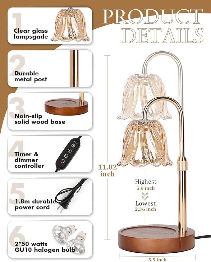 Candle Warmer Lamp, Gold Candle Lamp Warmer with Timer & Dimmer with 2 Bulbs, Birthday Gifts for Women Mom, House Warming Gifts New Home Bedroom Decor, Height Adjustable