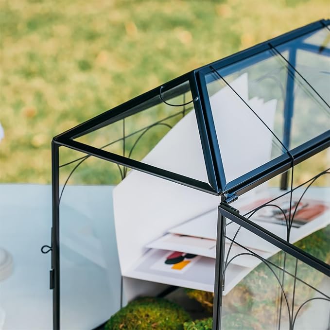 NCYP Wedding Glass Cards Box with Slot and Lock - 12.6" x 5.9" x 9" Vintage Indoor Tabletop Geometric Terrarium, Black Card Holder for Reception, Wishwell, Party Decor (Glass Box Only)