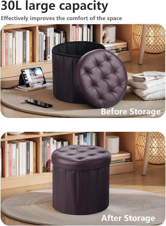 Bsketa® Ottoman with Storage, Foot Rest Stool with Thicker Foam Padded Seat Leather Small Round 14“ x 14” x 13 "Inchs Storage Ottoman Bench for Living Room Foldable Pouf Coffee Table 2 Pack,Brown