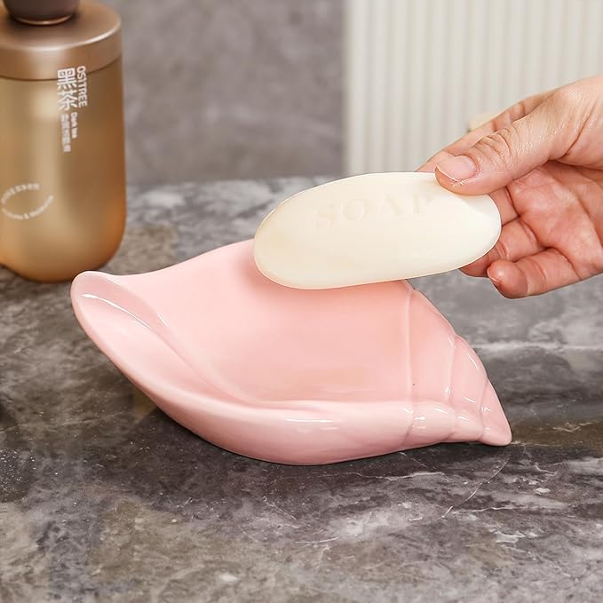 Sea-Shell Soap Holder, Ceramic Soap Tray with Self Draining, Soap Tray for Sink Washroom Bathroom Shower, Small Cute and Elegant Holder with Glaze, Easy Cleaning (Green)