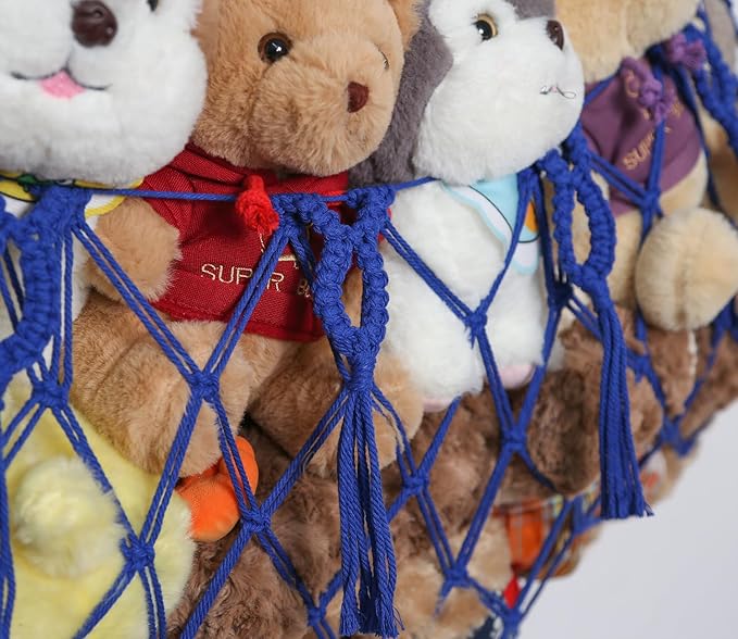 Stuffed Animal Net or Hammock Wall Macrame Toy Display Plush Toy Holder Ceiling Hanging Net for Stuffed Animal Storage (Blue, Small)