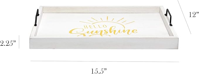 Elegant Designs, 15.50"" x 12"", Hello Sunshine Decorative Wood Serving Tray w/Handles, White Wash (HG2000-WHS)
