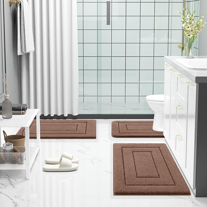 Buganda Bathroom Rugs, 47" x 24", Soft and Absorbent Microfiber Bath Rugs, Non-Slip Shaggy Shower Carpet, Machine Wash Dry Bath Mats for Bathroom Floor, Tub and Shower, Brown