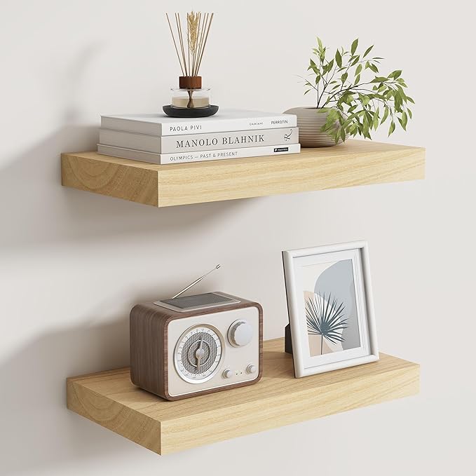 Floating Shelves for Wall, Real Wood Floating Shelf Set of 2, 8 Inch Deep Floating Shelves, Rustic Wood Wall Shelf for Home Decor, Deep Storage Shelves for Bathroom, Kitchen, 16"W x 8"D, Natural Color