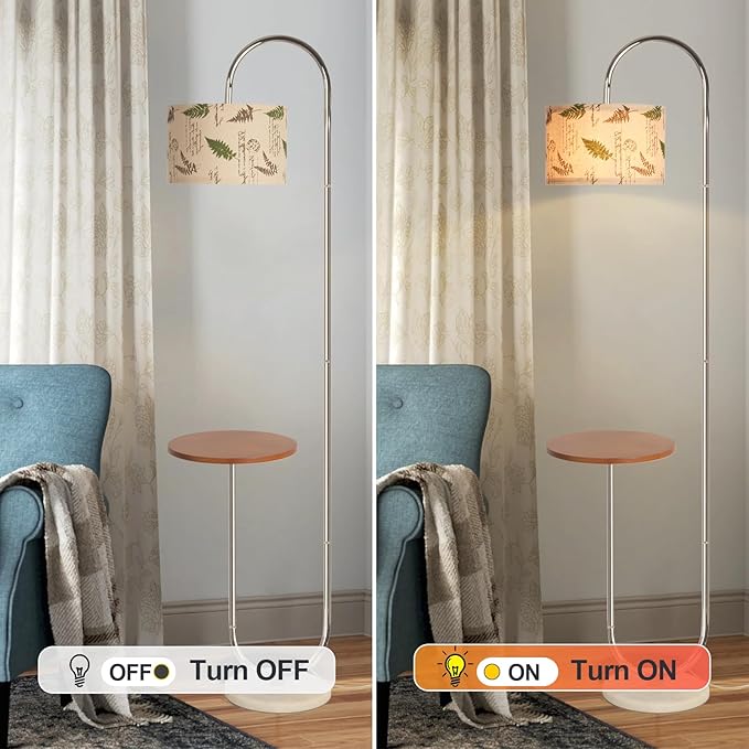 Hsyile Arc Floor Lamp with Hanging Drum Shade for Living Room-Marble Base Modern Tall Stand Up Light with Table, Contemporary Over The Couch Chrome Lamp Standing Lamps